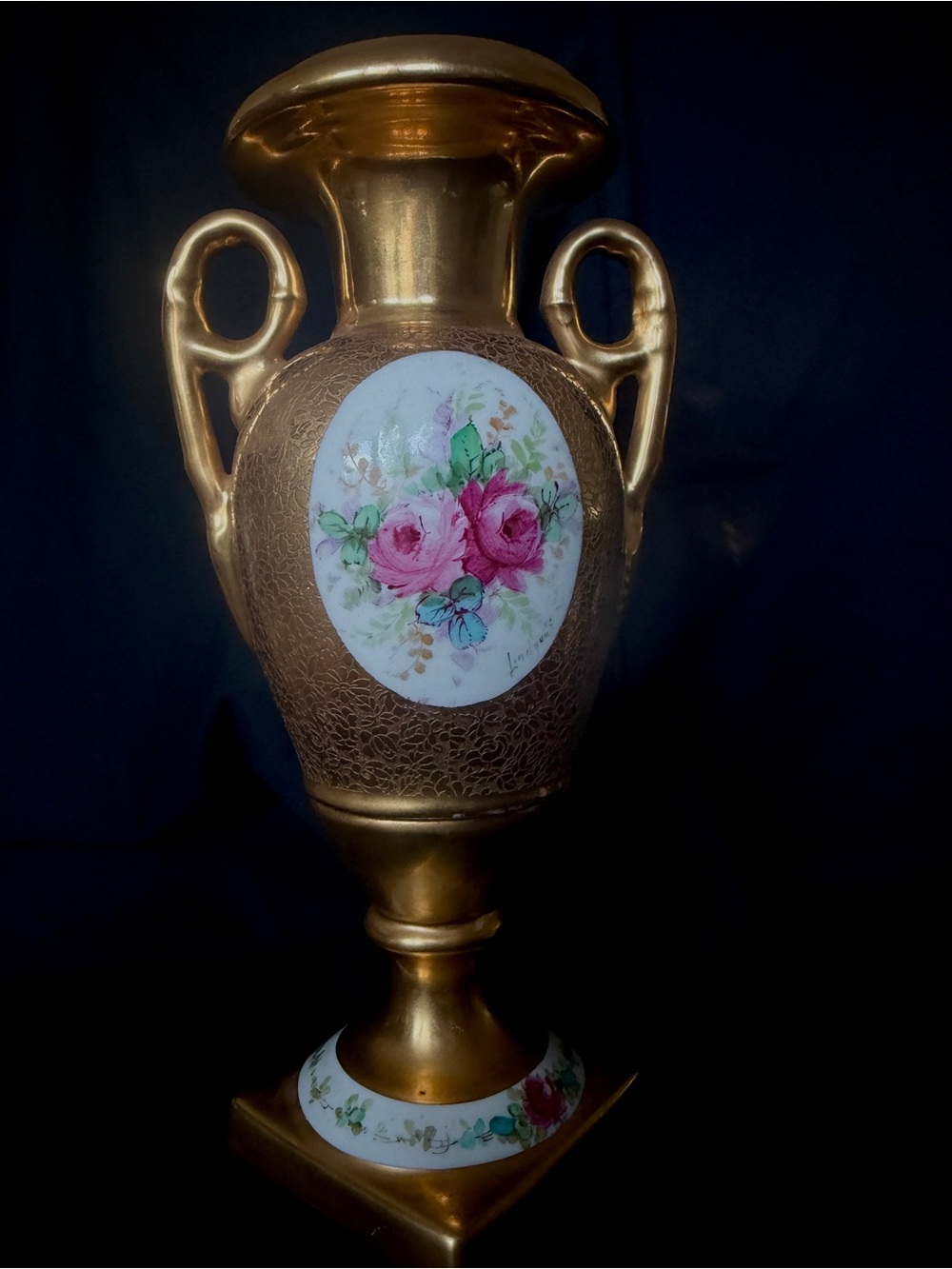 Antique Limoges France 10” Hand-Painted Rose Vase – Heavy Gold Gilt, Artist Sign
